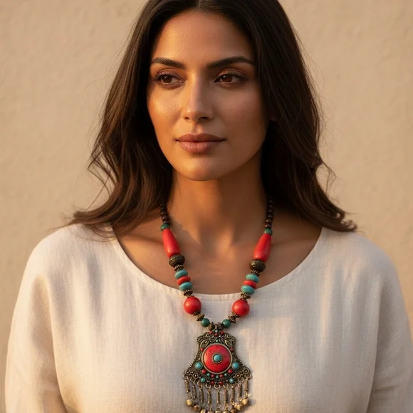 Bohemian Red and Turquoise Statement Necklace - Picture 1 of 1